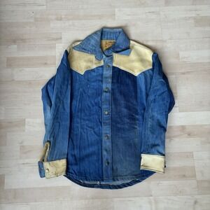 Vintage Handmade Women's Denim & Leather Jacket Button Up Sz Large Handcrafted